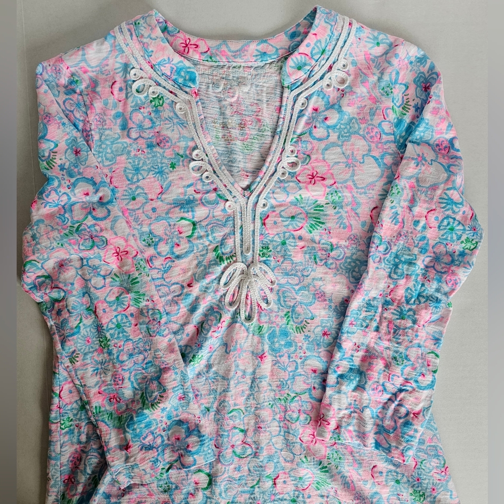 Lilly Pulitzer Cotton Floral Tunic Top S Embroidered Coastal Summer Resortwear - Picture 4 of 11